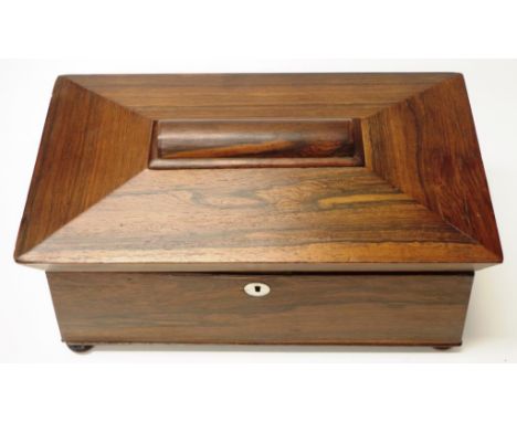 William IV rosewood caddy on bun feet, triple interior with brass inlay and mirrored top, c1830