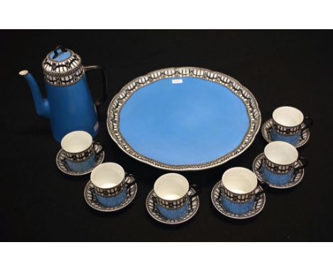 Art Deco Royal Worcester coffee set comprising of a coffee pot (18.5cm), 6 coffee cups with saucers and a comport stand (crac