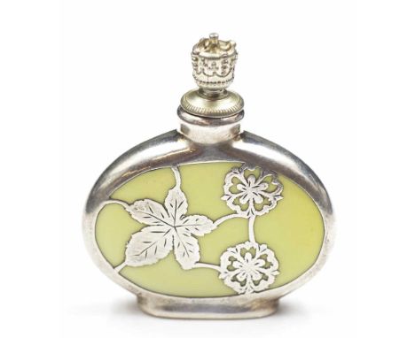 Antique German silver &amp; enamel perfume bottle yellow with silver overlay floral decoration, and a crown top stopper, heig