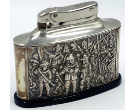 Mylflam Dutch silver table cigarette lighter "Night Watch" repousse scene, cigarette lighter, marked to base, (height 7cm app