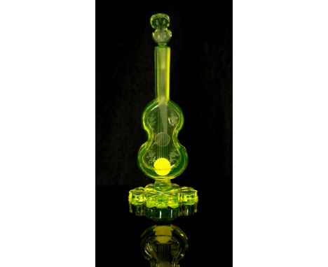 Antique Uranium glass guitar form perfume bottle sticker attached Andrew Lineham fine antique continental glass, height 20.5c