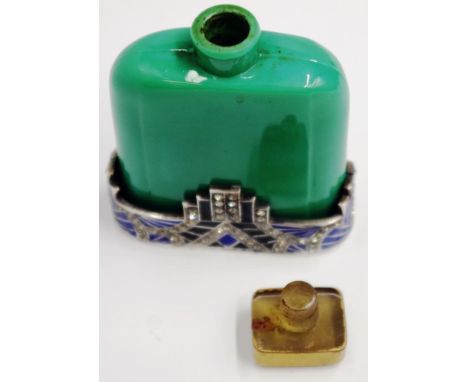 Art Deco French glass perfume bottle green glass with gilt lid and enamel and diamonte fitted base, marked Depose to base, he