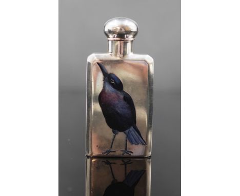 Victorian silver &amp; enamel bird perfume bottle hallmarked London 1887, makers mark rubbed, with ornate bird enamel decorat