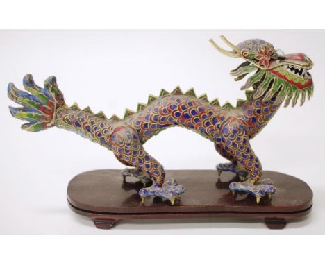 Chinese cloisonne enamel dragon figure &amp; stand standing dragon figure, on fitted wood stand (length 23cm approx).