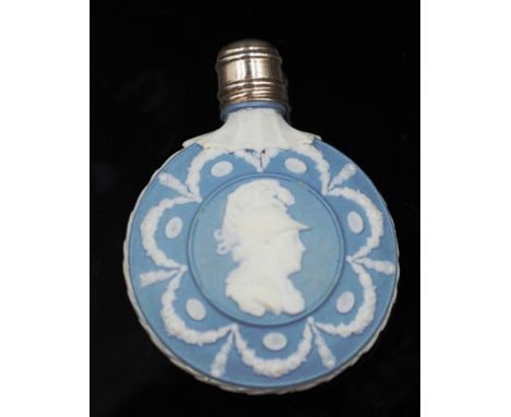 Rare Wedgwood jasperware perfume bottle circa 1800, with portrait heads centered to both sides, with silver screw top cap, he