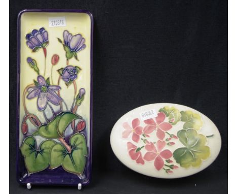 Moorcroft pottery tray and lidded trinket box including: a lidded soap dish (diameter 13cm approx); and a blossom decorated s