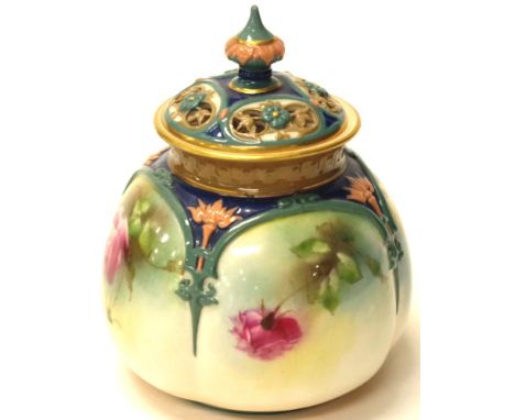 Royal Worcester Hadley ware lidded pot pouri pot with handpainted blooming roses, gilt highlights and pierced floral lid with