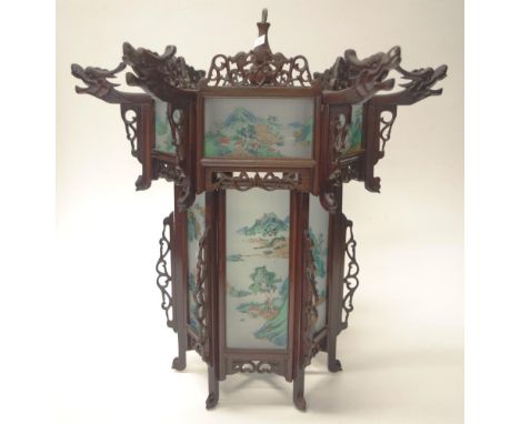 Ornate Chinese hanging lamp shade with decorative glass panels, 45cm x 45cm, 45cm high approx
