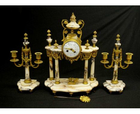 Antique French marble clock &amp; garnitures with 8 day striking movement (bell) and 2 candelabra garnitures, clock dimension