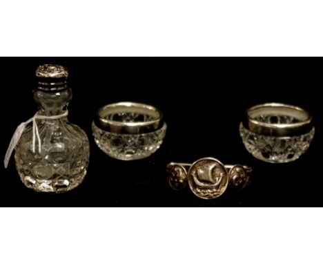 Group four early silver tableware pieces including: pair crystal open salts, with sterling silver collars; a napkin ring, wit