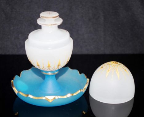Antique opaline glass perfume bottle ring stand white opaline egg form with gilt enamel decorated perfume bottle with interna