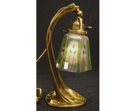 Austrian Art Nouveau electric table lamp brass base with handpainted glass lamp shade, height  32cm approx