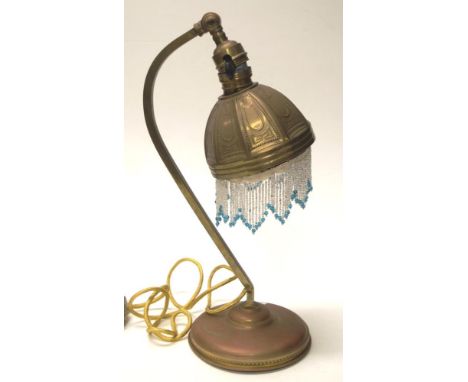 Austrian art nouveau brass electric lamp with brass and bugle bead shade, height 40.5cm approx