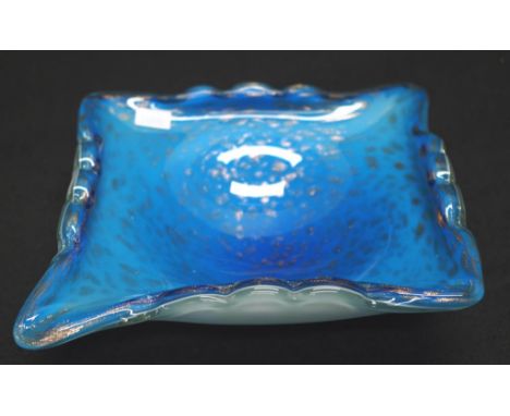 Murano blue on white glass bowl with silver inclusions, 31cm x 26cm approx