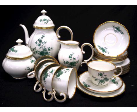 Fifteen piece Augarten Vienna porcelain coffee set with green floral decoration and gilt border, comprising 6 cups and saucer