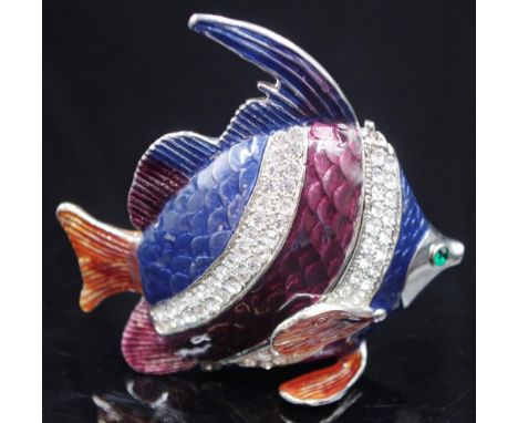 Swarovski decorative fish form lidded trinket box jewelled crystal stone decoration to enamel fish form trinket box, (length 