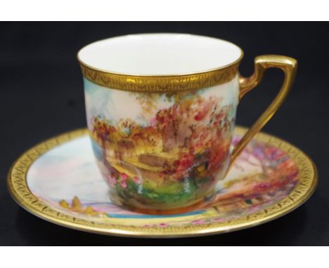 Royal Worcester signed coffee cup &amp; saucer signed: H.George, pattern: Italian gardens, with ornate handpainted garden sce