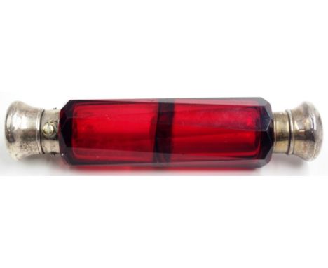 Victorian double ended ruby glass scent bottle with silver tops to both ends, maker: CM, length 12.5cm approx