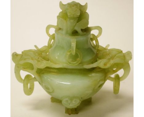 Chinese carved greenstone lidded bowl dragon head decoration to cover, to carved bowl below, with ring handles, and tri- foot