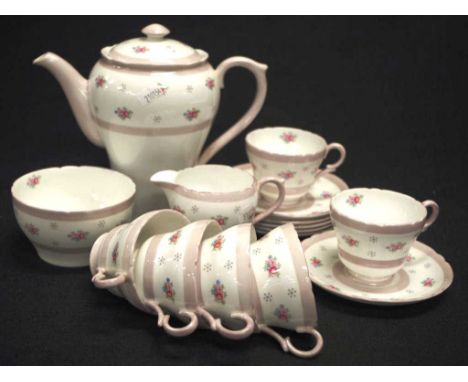 Fifteen piece Shelley coffee set with a pink floral pattern decoration, comprising 6 coffee cups &amp; saucers, a coffee pot,