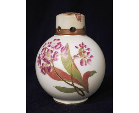 Victorian Royal Worcester pot pourri vase #1039, with hand painted decoration, pierced lid and upper rim,  10cm diameter, 13.