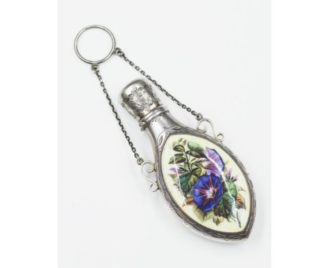 Sterling silver &amp; enamel floral perfume bottle hallmarked Birmingham 1884, maker: R.W&amp;C, with ornate enamel floral de