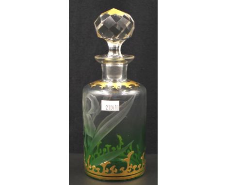 Good French glass perfume bottle green and clear glass with ornate floral engraving and gilt enamel decoration, height 20cm a