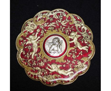 Rare Catherine France 'Popesco' brooch embossed silver cupid decoration to centre, with cupid decorated burgundy enamel borde