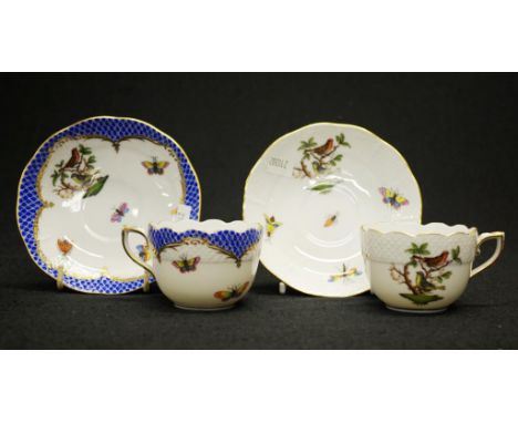 Two Herend cups and saucers comprising a Rothchild bird pattern cup and saucer and a Rothchild bluebird cup &amp; saucer