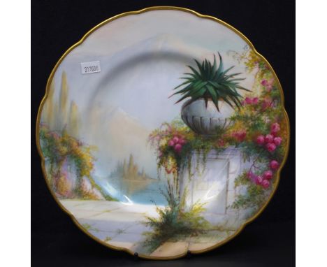 Royal Worcester Sedgley Italian gardens plate signed Sedgley, with ornate garden scene and gilt border decoration, Circa 1925