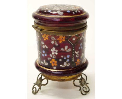 Antique red glass dressing table box with enamel decoration, hinged lid and gilt metal stand, 6cm diameter, 9cm high approx