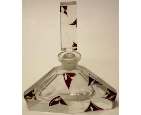 Art Deco Bohemian cut glass perfume bottle etched leaf clear glass decoration with ruby flash angular highlights, height 14cm