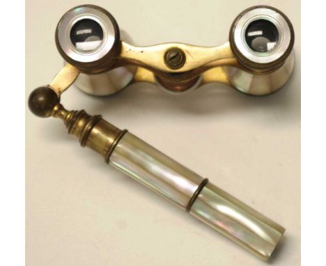 Pair Mother of Pearl cased opera glasses pair  early brass opera glasses, with Mother of Pearl inlaid decoration, including h