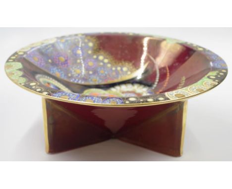 Carlton Ware 'Bell' pattern tri-footed bowl red background with enamel and gilt highlights, height approx 9.5cm, width 23.5cm