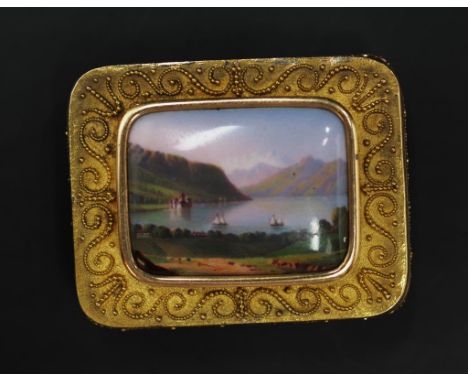 Antique 18ct gold vinaigrette with enamel scene total weight 29gms.