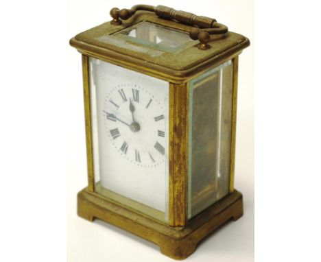 Vintage brass cased carriage clock 8cm wide, 14cm high (handle up), no key