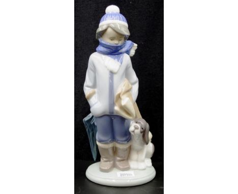 Lladro Boy with Dog figure signed to base, (height 20cm approx).