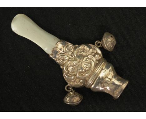 Early sterling silver &amp; MoP baby's rattle handle embossed decoration to sterling silver and Mother of Pearl handle, with 