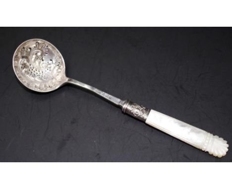 Edward VII sterling silver sifter spoon hallmarked for Sheffield 1907, maker Henry Williamson, with carved decorative Mother 