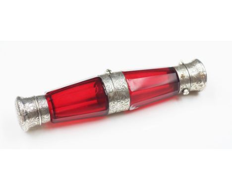 Antique ruby &amp; silver double end perfume bottle with ornate engraved scroll decoration (centre hinged detached)