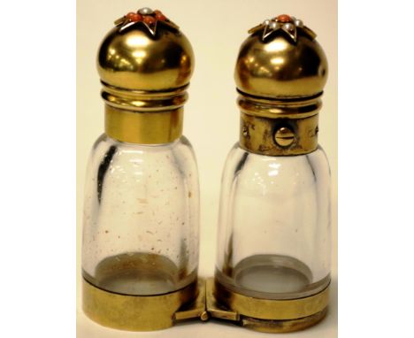 Good Victorian double ended silver perfume bottle clear glass with mounted silver gilt tops,  rim and center hinge, coral and