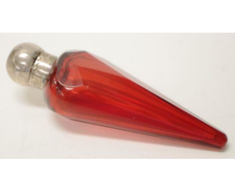 Antique ruby glass with silver top scent bottle hallmarked Birmingham 1912, maker: C C May &amp; Sons, height 7.5cm approx