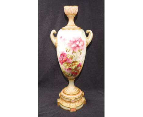 Royal Worcester handpainted urn shaped vase signed by Frank Roberts, painted pink blooming Pelargonium flower, heightened in 