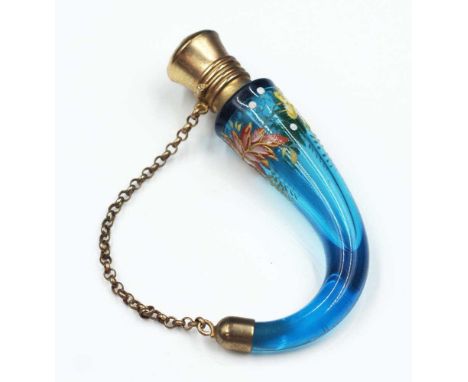 Antique Cornucopia blue glass perfume bottle with floral enamel decoration, gilt fittings and chatelaine chain, width 8.5cm a