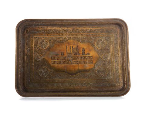 QAJAR BRASS TRAY,late 19th/early 20th century, featuring a central architectural study within profuse detail of birds amongst
