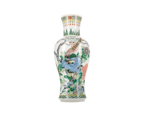 LATE 19TH CENTURY CHINESE FAMILLE VERTE VASE,painted with flowers and birds, four character Kangxi mark to base, 37.5cm highC
