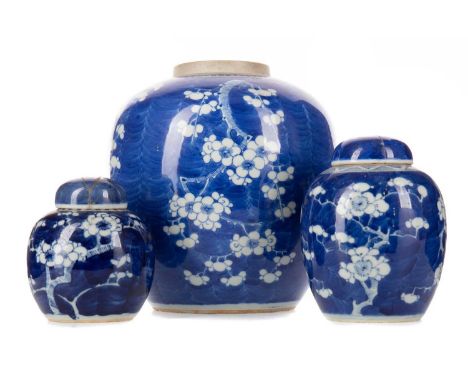 CHINESE BLUE AND WHITE PRUNUS GINGER JAR,late 19th/early 20th century, bearing four character Kangxi mark, 22cm high (lacking