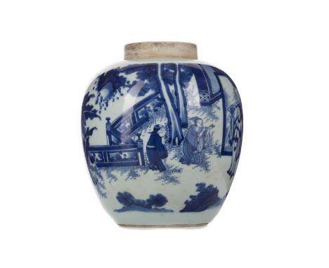 CHINESE BLUE AND WHITE GINGER JAR,decorated with figures in a garden setting beneath incised scroll band to shoulder, unmarke