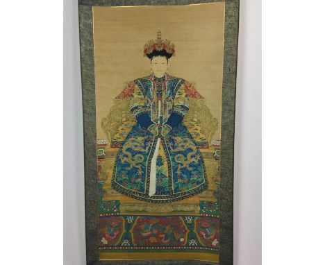 PAIR OF CHINESE SCROLL PICTURES,printed images of Emperor and Empress in yellow robes, with floral borders, each image 97 x 4