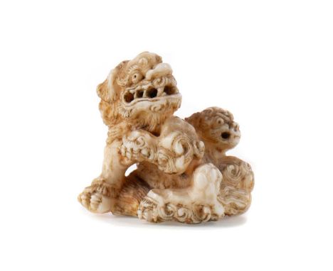 JAPANESE IVORY NETSUKE,Kyoto School, Meiji Period (1868-1912), carved as two Shishi, unsigned, 3cm high